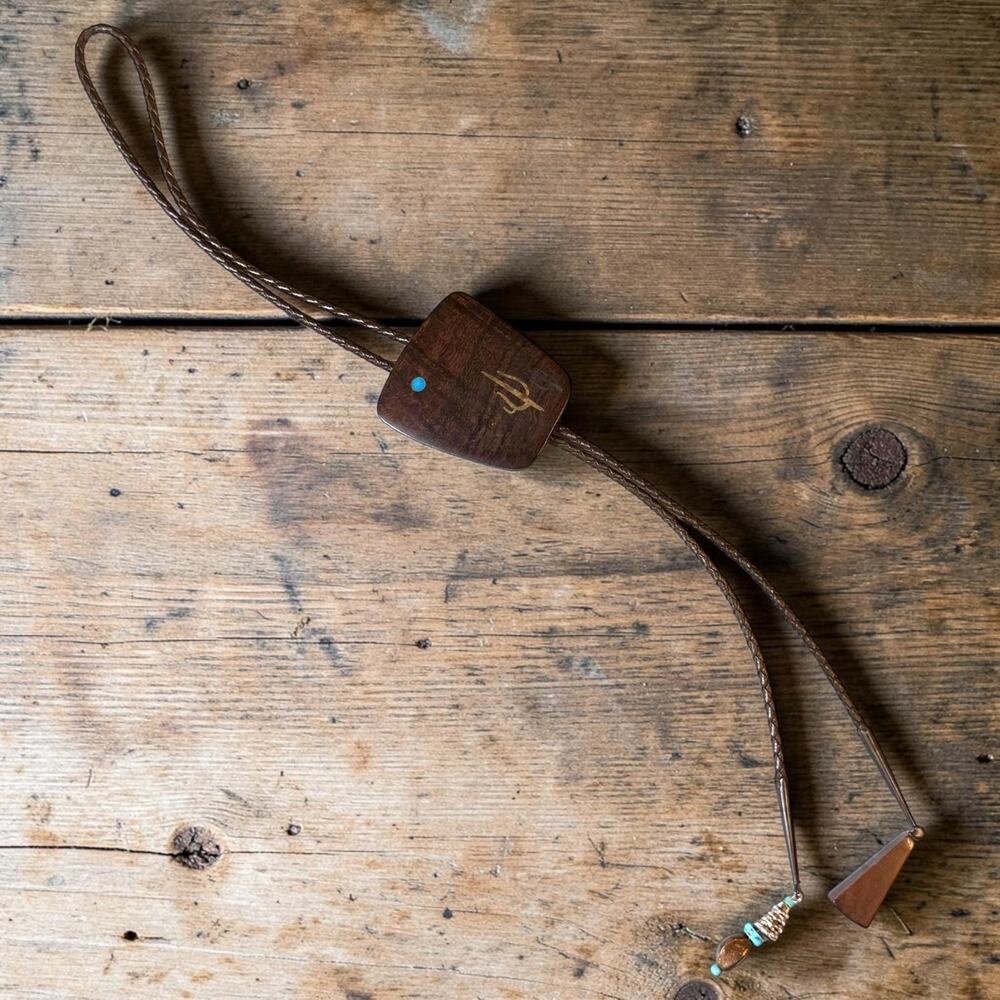 Artisan Western Bolo Tie Wooden Cactus and Moon Scene Leather Hand Made Signed